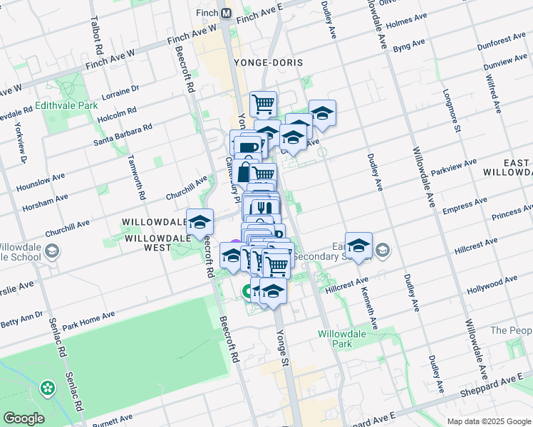 map of restaurants, bars, coffee shops, grocery stores, and more near 5231 Yonge Street in Toronto