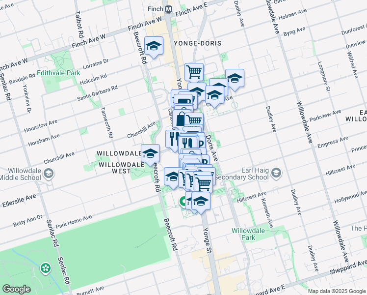 map of restaurants, bars, coffee shops, grocery stores, and more near 15 Ellerslie Avenue in Toronto