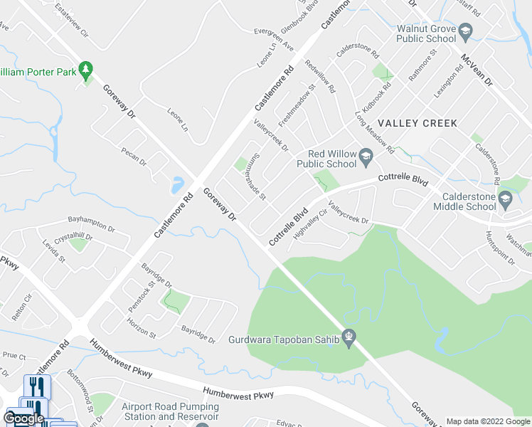 map of restaurants, bars, coffee shops, grocery stores, and more near 57 Princess Valley Crescent in Brampton