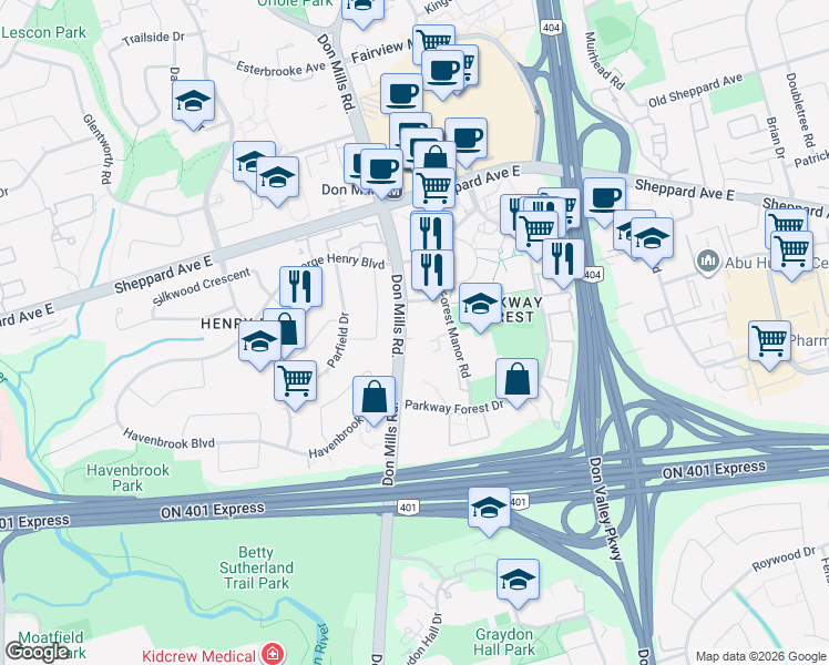 map of restaurants, bars, coffee shops, grocery stores, and more near 36 Forest Manor Road in Toronto