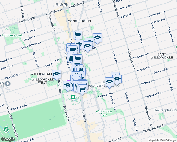 map of restaurants, bars, coffee shops, grocery stores, and more near 34 Parkview Avenue in Toronto