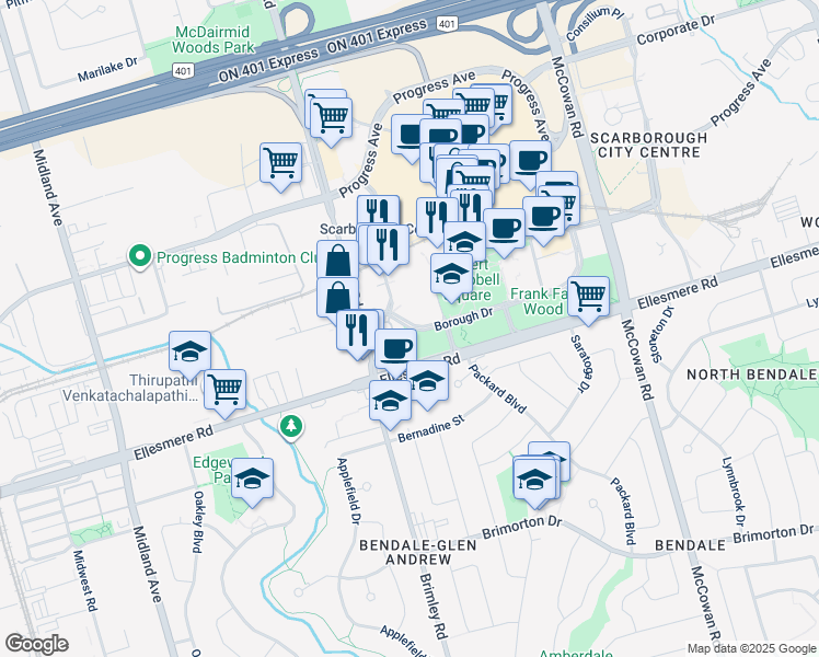 map of restaurants, bars, coffee shops, grocery stores, and more near 88 Borough Drive in Toronto