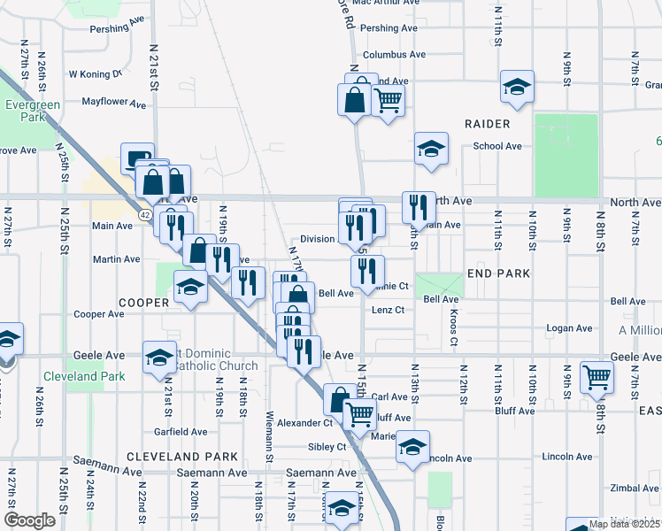 map of restaurants, bars, coffee shops, grocery stores, and more near 1537 Martin Avenue in Sheboygan