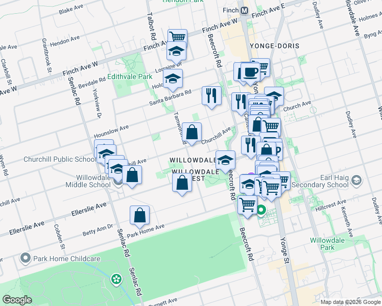 map of restaurants, bars, coffee shops, grocery stores, and more near 78 Tamworth Road in Toronto