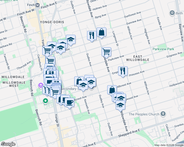 map of restaurants, bars, coffee shops, grocery stores, and more near 125 Kingsdale Avenue in Toronto