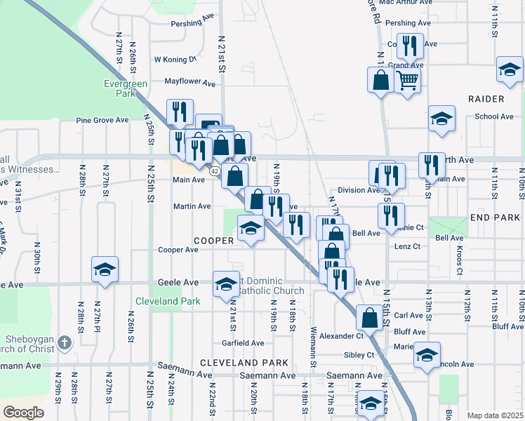 map of restaurants, bars, coffee shops, grocery stores, and more near 2433 North 20th Street in Sheboygan