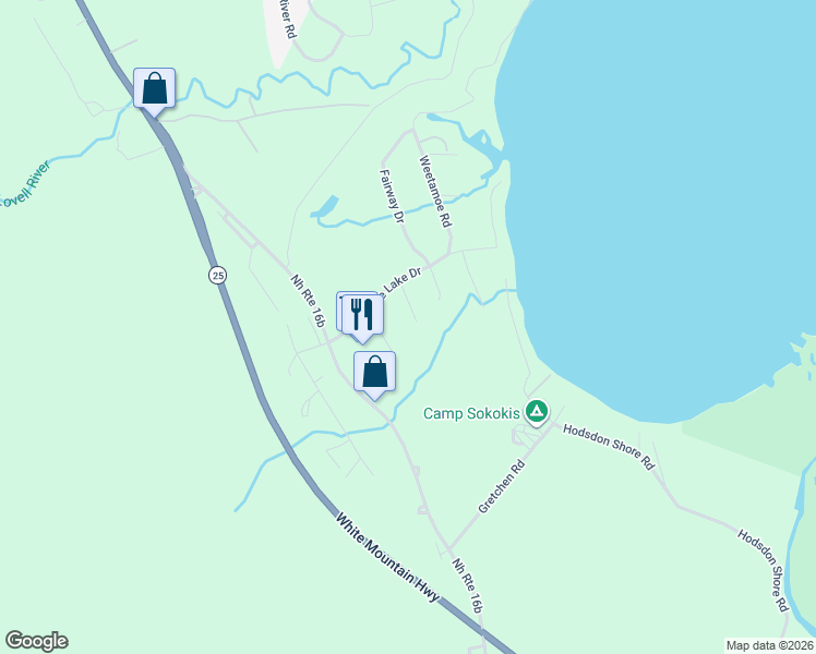 map of restaurants, bars, coffee shops, grocery stores, and more near 8 Golfview Drive in Ossipee
