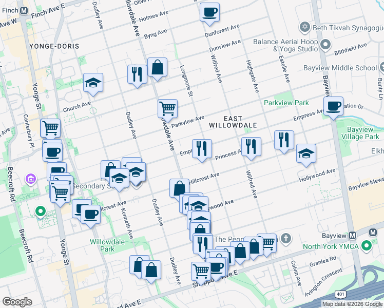 map of restaurants, bars, coffee shops, grocery stores, and more near in Toronto