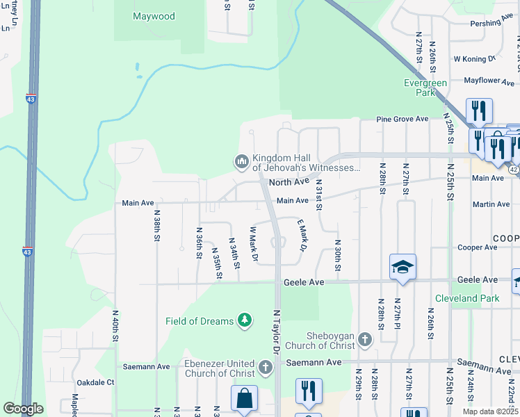map of restaurants, bars, coffee shops, grocery stores, and more near 2517 North Taylor Drive in Sheboygan