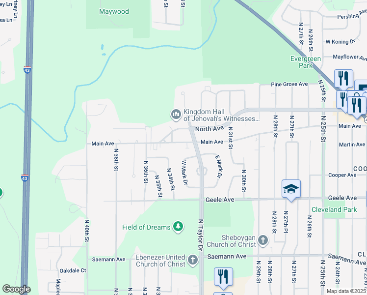 map of restaurants, bars, coffee shops, grocery stores, and more near 3311 Main Avenue in Sheboygan