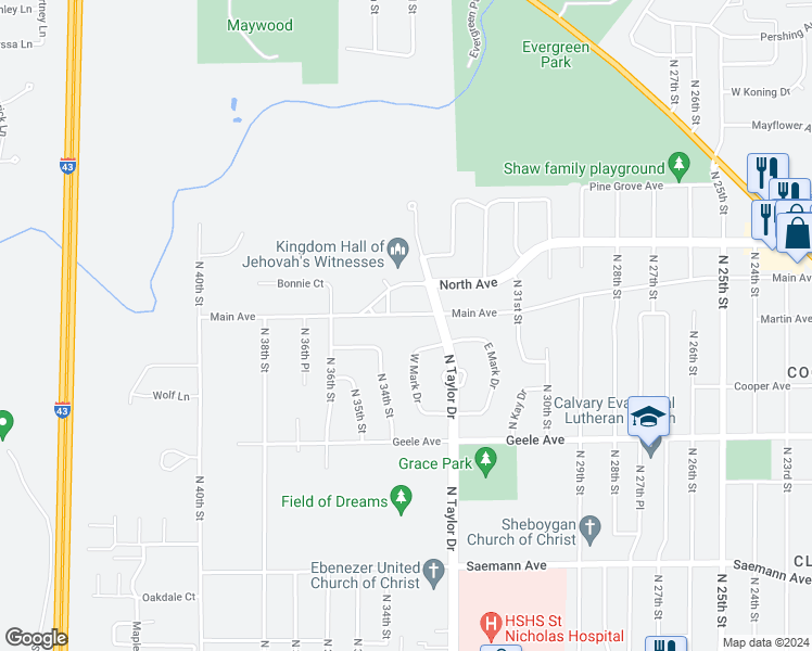 map of restaurants, bars, coffee shops, grocery stores, and more near 3311 Main Avenue in Sheboygan