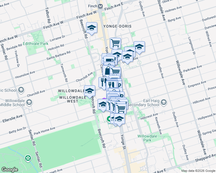 map of restaurants, bars, coffee shops, grocery stores, and more near 15 Ellerslie Avenue in Toronto