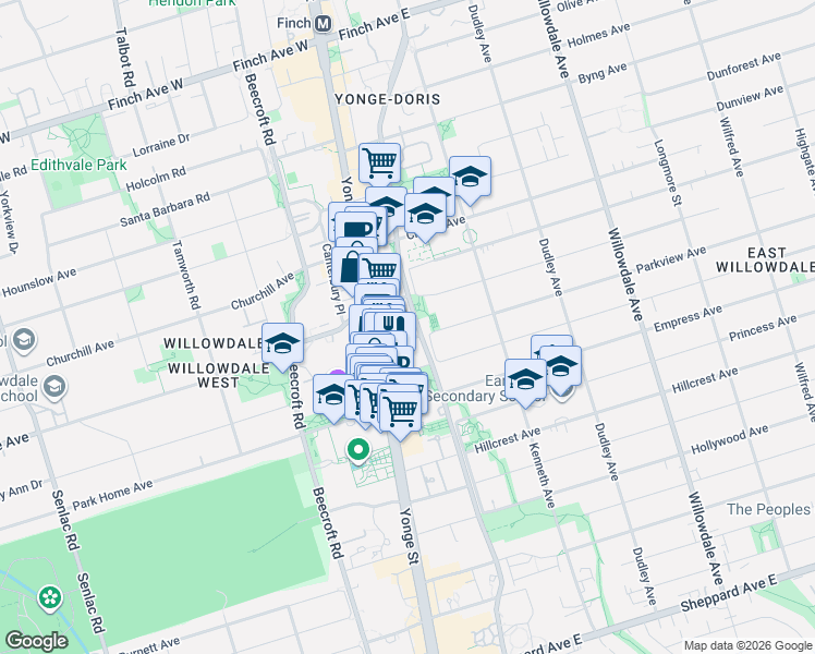 map of restaurants, bars, coffee shops, grocery stores, and more near 256 Doris Avenue in Toronto