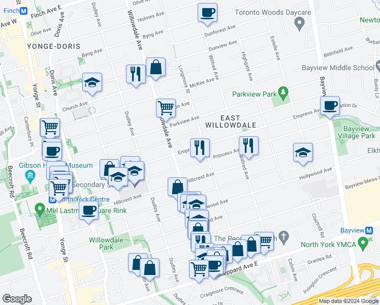 map of restaurants, bars, coffee shops, grocery stores, and more near 229 Empress Avenue in Toronto