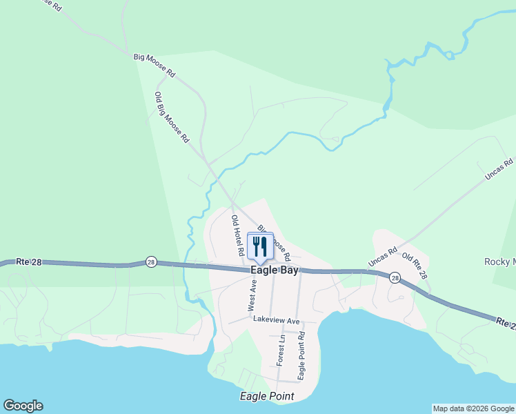 map of restaurants, bars, coffee shops, grocery stores, and more near 159 Big Moose Road in Eagle Bay
