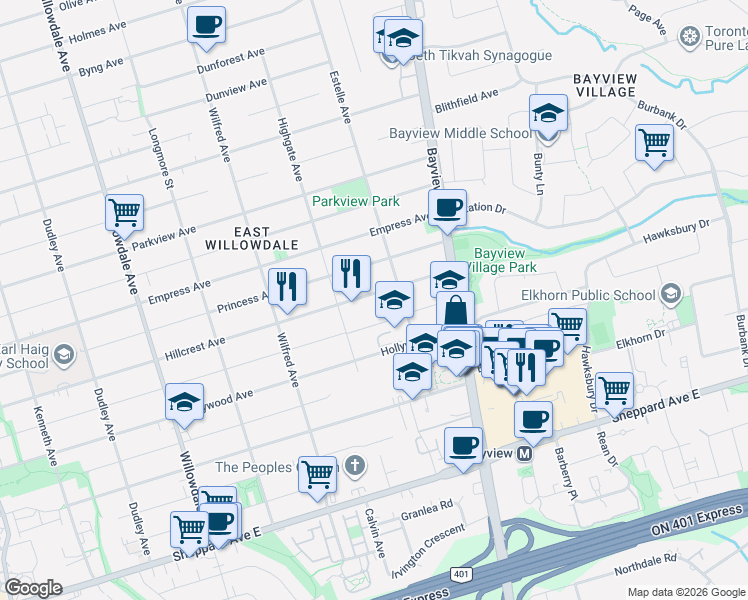 map of restaurants, bars, coffee shops, grocery stores, and more near 363 Hillcrest Avenue in Toronto