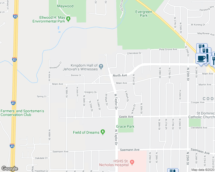 map of restaurants, bars, coffee shops, grocery stores, and more near 3263 Main Avenue in Sheboygan