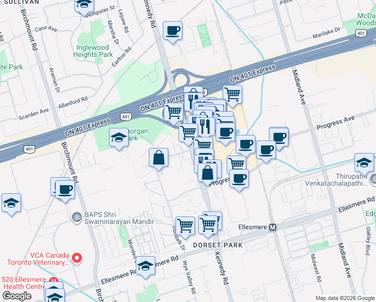 map of restaurants, bars, coffee shops, grocery stores, and more near 37 Antrim Crescent in Toronto
