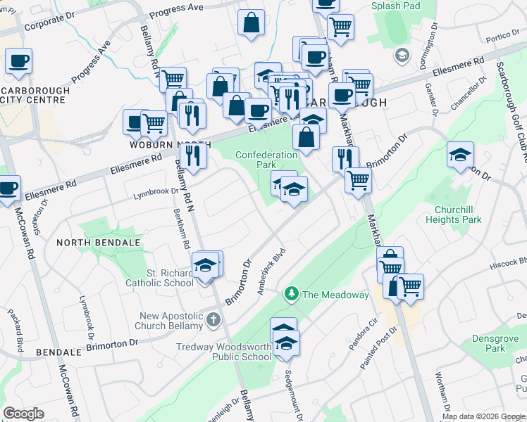 map of restaurants, bars, coffee shops, grocery stores, and more near 89 Amberjack Boulevard in Toronto