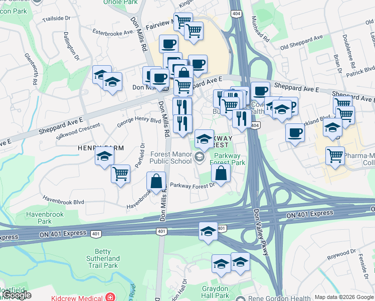 map of restaurants, bars, coffee shops, grocery stores, and more near 32 Forest Manor Road in Toronto