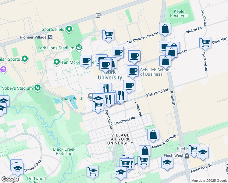 map of restaurants, bars, coffee shops, grocery stores, and more near 4700 Keele Street in Toronto