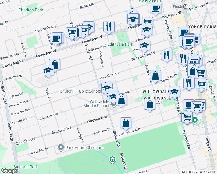 map of restaurants, bars, coffee shops, grocery stores, and more near 225 Horsham Avenue in Toronto