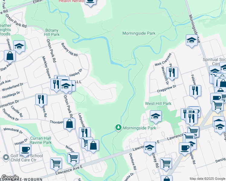 map of restaurants, bars, coffee shops, grocery stores, and more near 89 Bow Valley Drive in Toronto