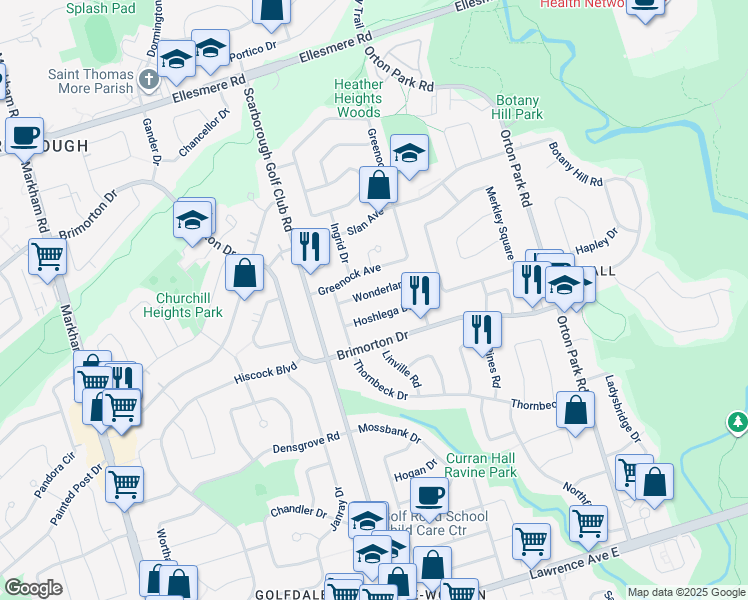 map of restaurants, bars, coffee shops, grocery stores, and more near 17 Wonderland Drive in Toronto