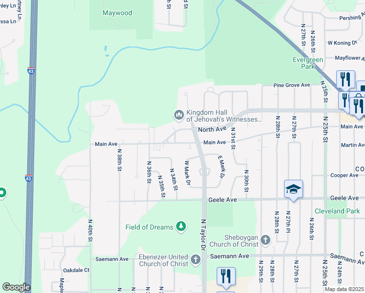 map of restaurants, bars, coffee shops, grocery stores, and more near 3311 Main Avenue in Sheboygan