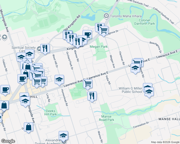 map of restaurants, bars, coffee shops, grocery stores, and more near 17 Plumrose Boulevard in Toronto