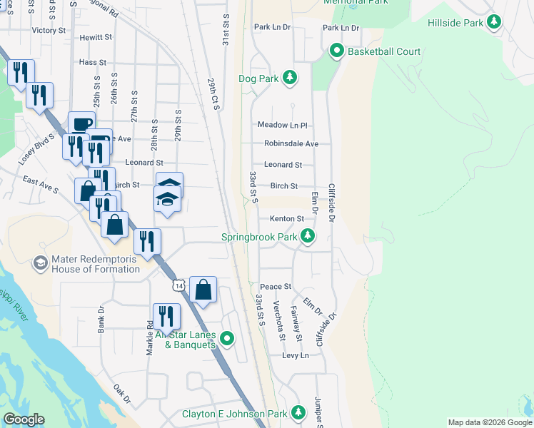 map of restaurants, bars, coffee shops, grocery stores, and more near 3311 Kenton Street in La Crosse