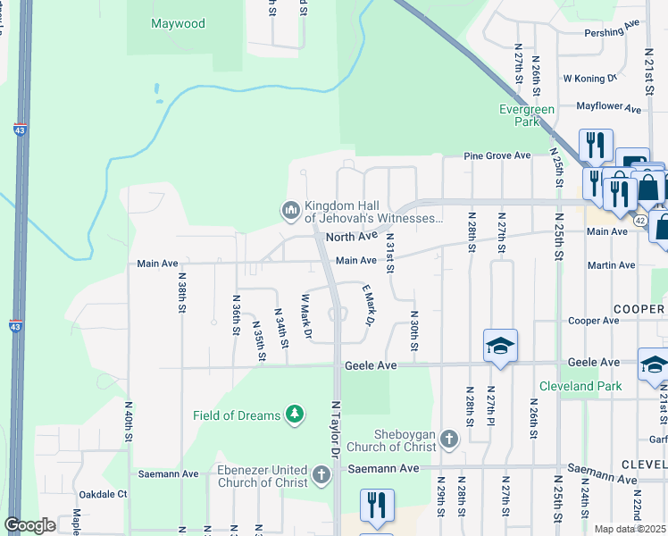 map of restaurants, bars, coffee shops, grocery stores, and more near 2517 North Taylor Drive in Sheboygan