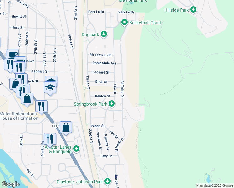 map of restaurants, bars, coffee shops, grocery stores, and more near 3611 Elm Drive in La Crosse