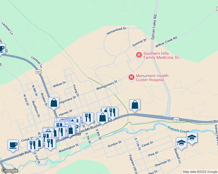map of restaurants, bars, coffee shops, grocery stores, and more near 239 North 11th Street in Custer