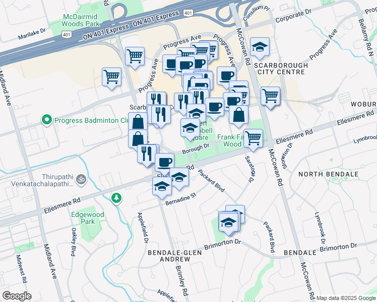 map of restaurants, bars, coffee shops, grocery stores, and more near 62 Brian Harrison Way in Toronto