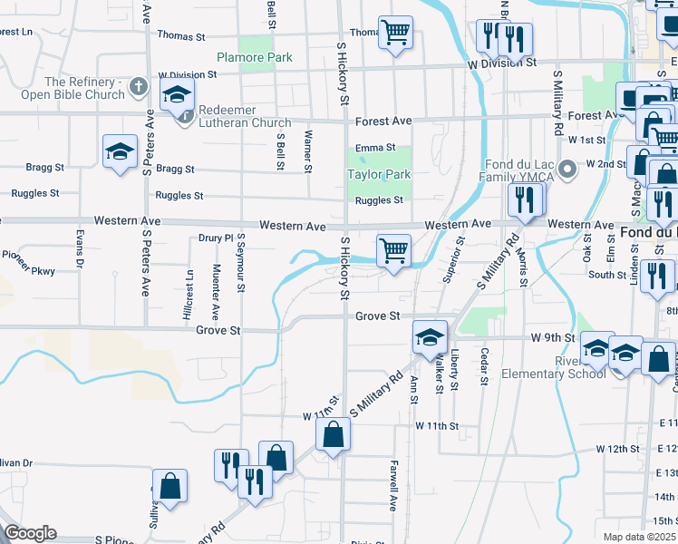 map of restaurants, bars, coffee shops, grocery stores, and more near 254 South Hickory Street in Fond du Lac