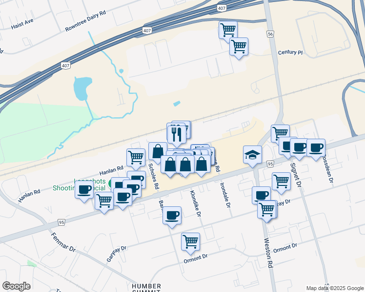 map of restaurants, bars, coffee shops, grocery stores, and more near 418 Hanlan Road in Vaughan