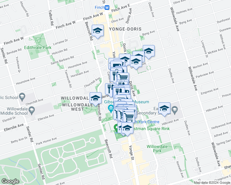 map of restaurants, bars, coffee shops, grocery stores, and more near in Toronto