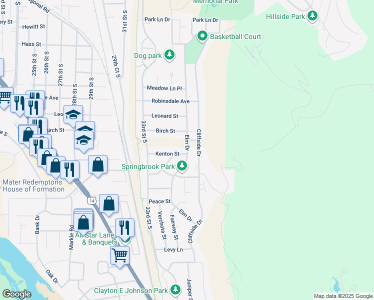 map of restaurants, bars, coffee shops, grocery stores, and more near 3611 Elm Drive in La Crosse