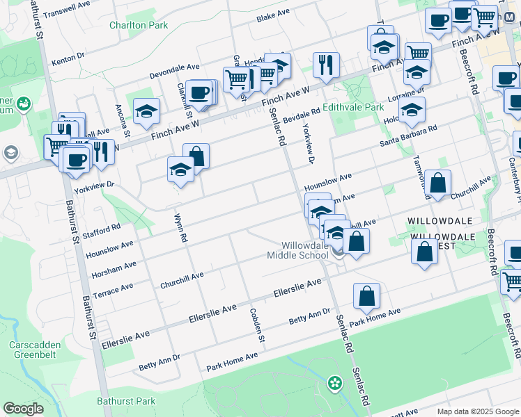 map of restaurants, bars, coffee shops, grocery stores, and more near 353 Hounslow Avenue in Toronto