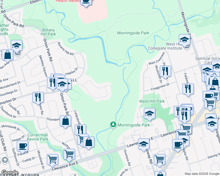 map of restaurants, bars, coffee shops, grocery stores, and more near 57 Copping Road in Toronto