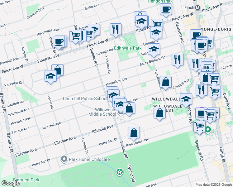 map of restaurants, bars, coffee shops, grocery stores, and more near 225 Horsham Avenue in Toronto