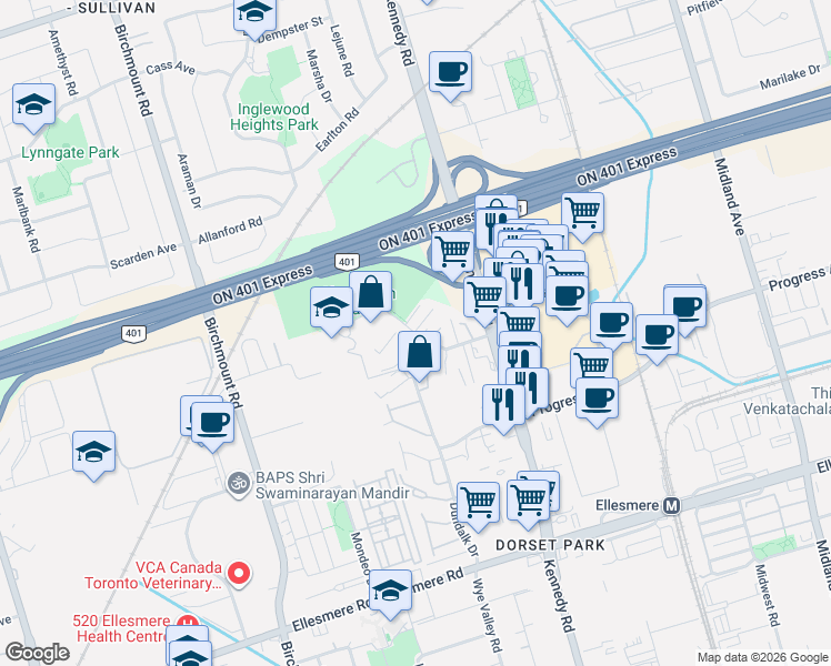 map of restaurants, bars, coffee shops, grocery stores, and more near 37 Antrim Crescent in Toronto