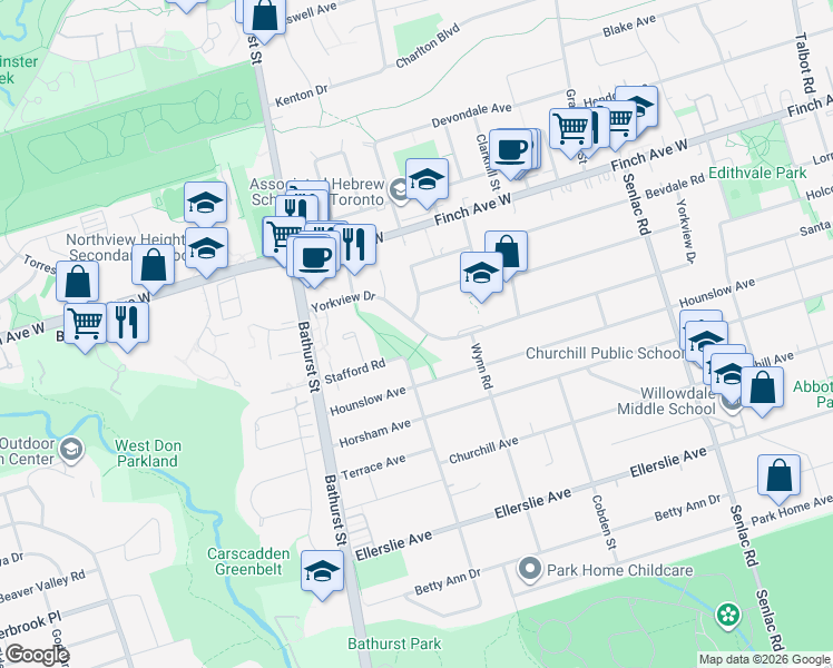 map of restaurants, bars, coffee shops, grocery stores, and more near 155 Yorkview Drive in Toronto