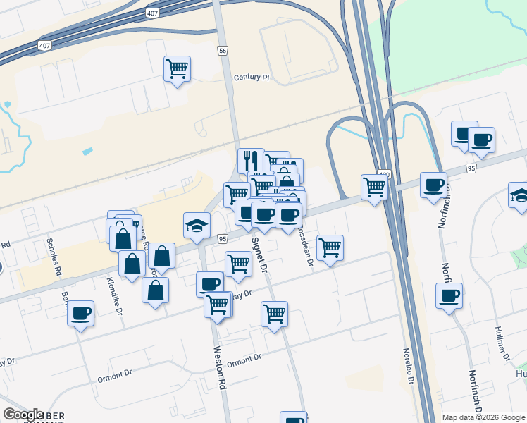 map of restaurants, bars, coffee shops, grocery stores, and more near 3700 Steeles Avenue West in Vaughan