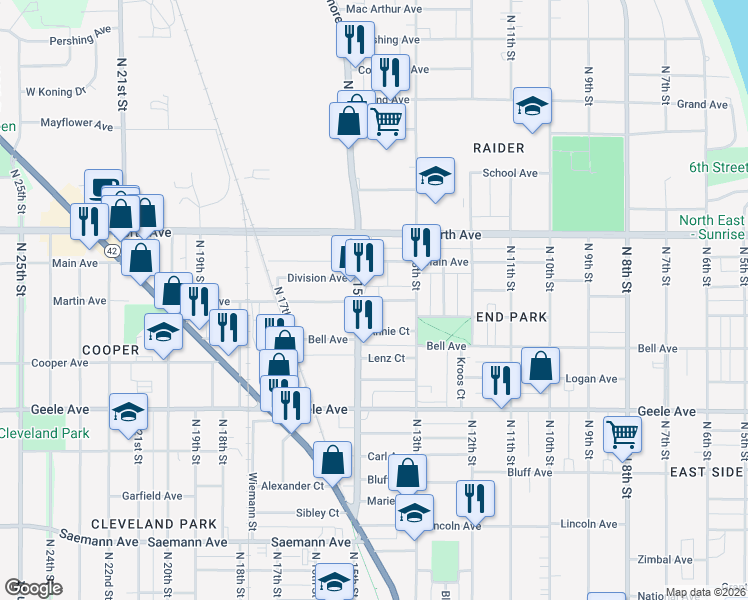 map of restaurants, bars, coffee shops, grocery stores, and more near 2506 North 15th Street in Sheboygan