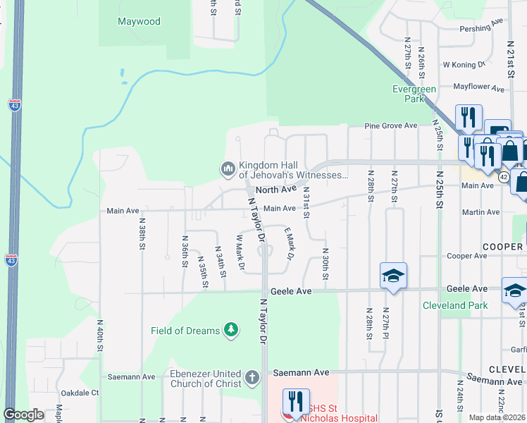 map of restaurants, bars, coffee shops, grocery stores, and more near 2517 North Taylor Drive in Sheboygan