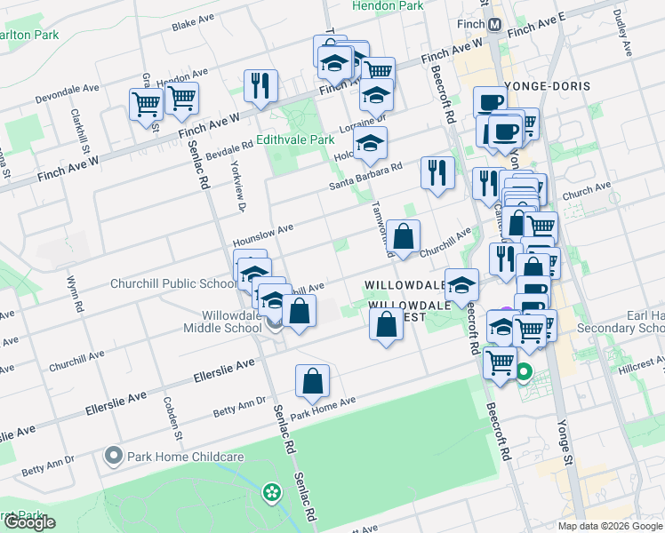 map of restaurants, bars, coffee shops, grocery stores, and more near 24 Abbotsford Road in Toronto