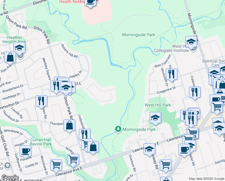 map of restaurants, bars, coffee shops, grocery stores, and more near 91 Bow Valley Drive in Toronto