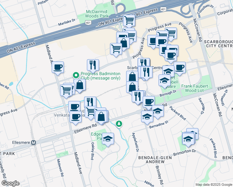 map of restaurants, bars, coffee shops, grocery stores, and more near in Toronto
